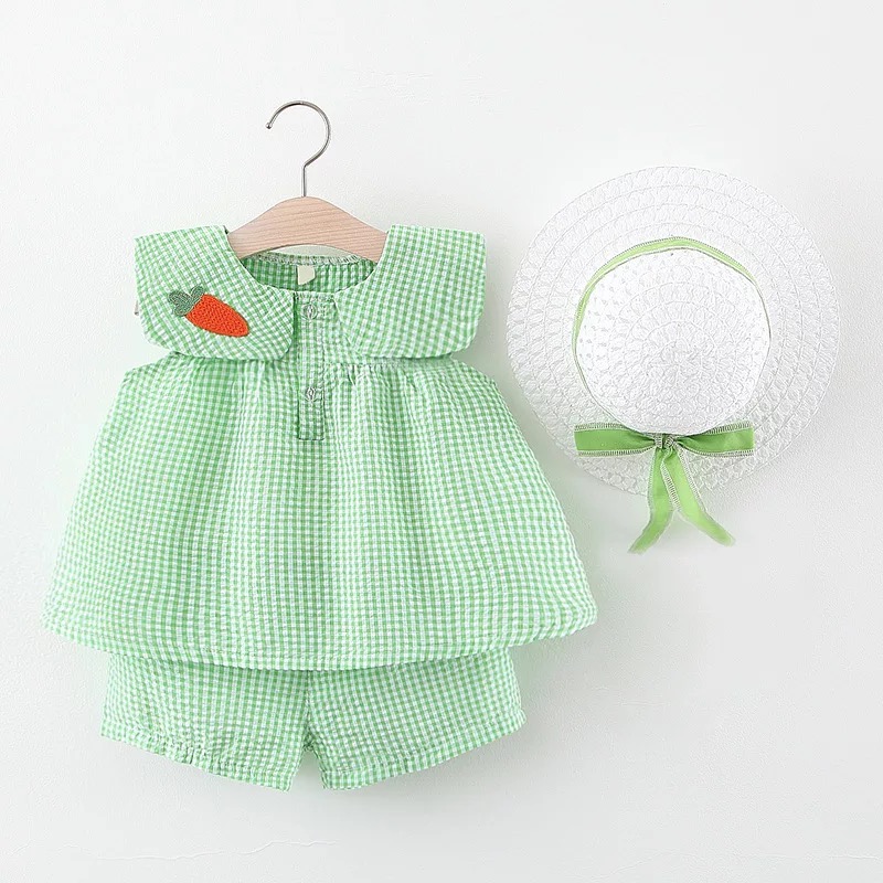 

Bnwige New Summer Baby Girl Clothes Cotton Plaid Tops+Short Pants +Hat 3 Piece Outfits Children's Clothing Infants Costume, Random color