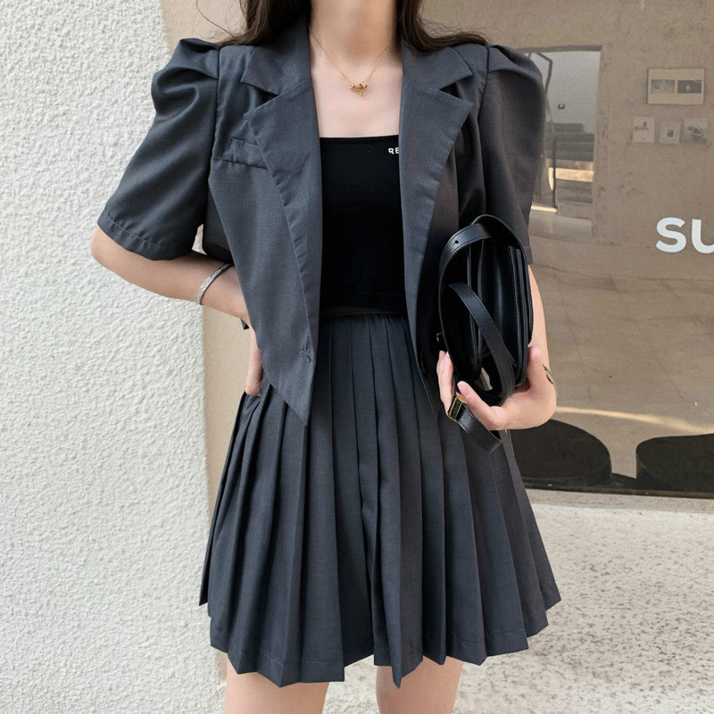 

WOMENGAGA Short Tops 2020 Summer New Single-breasted Office Lady Notched Collar Solid Short Sleeve Casual Coat Girl Female B017, Gray