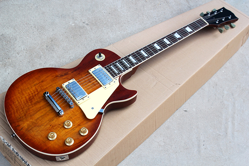 

Factory Custom Red Brown Electric Guitar with Chrome Hardware,White Pickguard,White Binding,Special Grain Veneer,Offer Customized