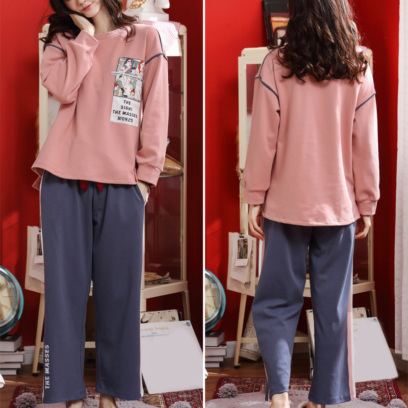 

Women Pajama Set Warm Soft Cartoon Long Pants Pajama Long Sleeves Loose Round Neck Sleepwear d88, Beige