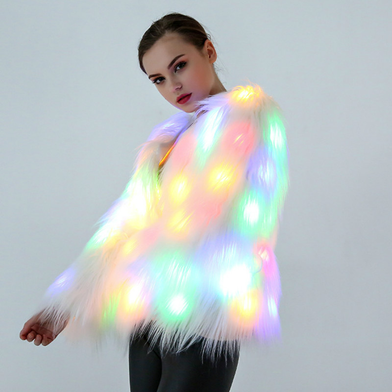 

plush furry faux fur coat Christmas led coat Halloween nightclub ball costume winter women teddy jacket fur jacket banquet, White