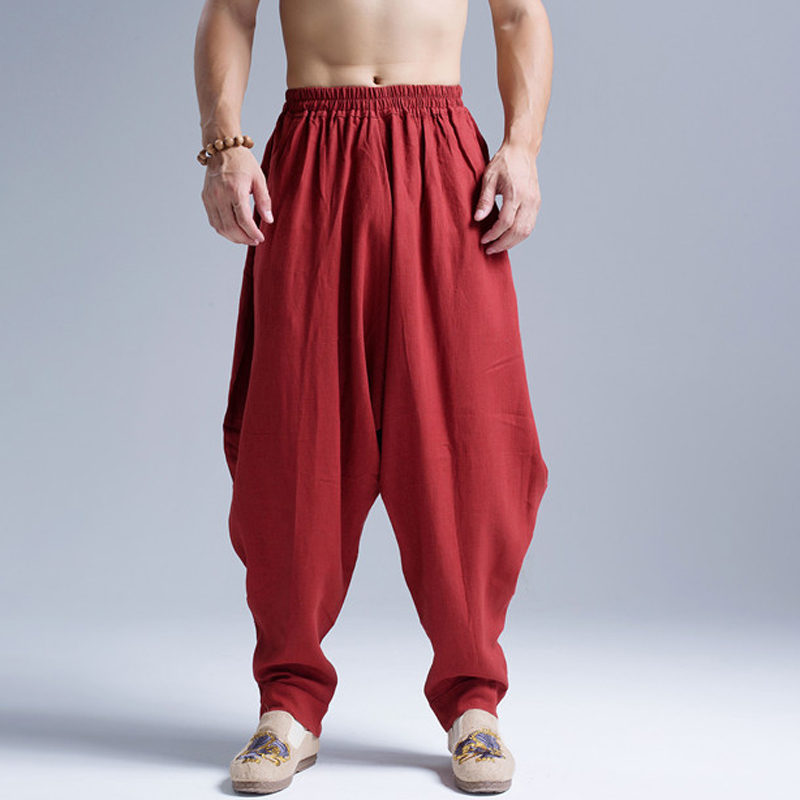 

New 2019 Men's Clothing Winter linen elastic waist radish pants folk wind Haren pants hanging trousers, Black