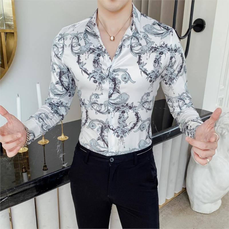 

High Quality Men White Casual Shirts Long Sleeve Black Dress Shirts Slim Fit Male Print Designer Spring Fancy Luxury Clothes 4xl