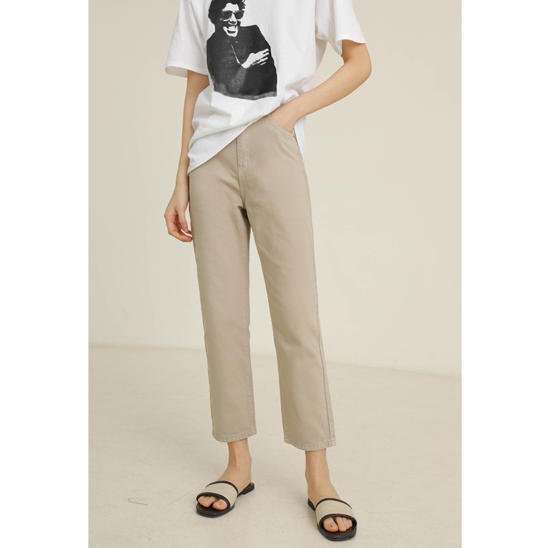 

Women High Waist Ankle Lenth Straight Jeans Khaki Beige ,M,L