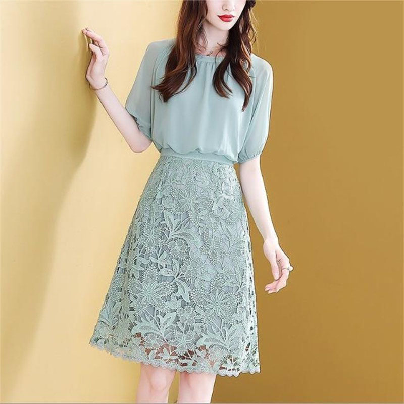 

Women Dress 2020 New Fashion Summer High Waist Slimming Chiffon Lace Patchwork Dress Female Knee-Length Office Lady Work Wear, Green