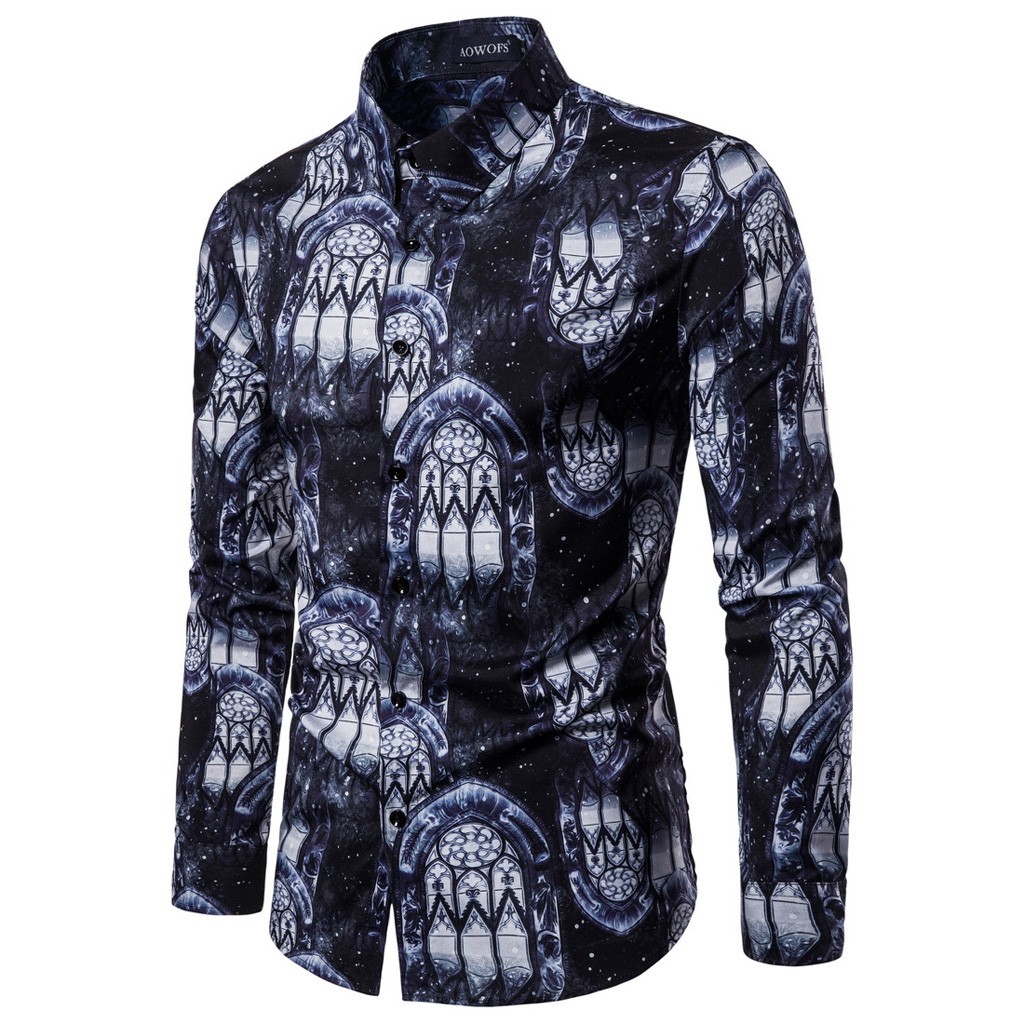 

Hawaiian Shirt Male Men' Casual 3D Printing Colorful Slim Long Sleeve Dress Shirt Blouse Tops Camisa Masculina Plus Size, Blue