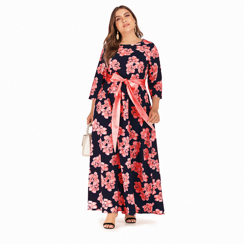

Long Sleeve red printed bohemian dress plus size women's dress, Black;gray