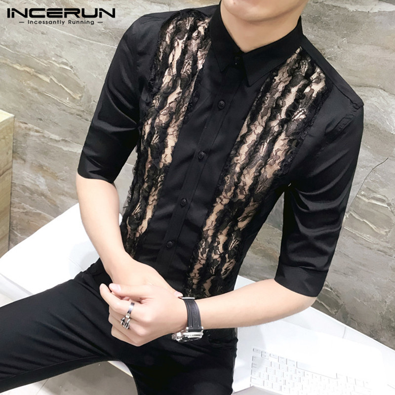 

INCERUN Fashion Men Dress Shirt Lace Patchwork Party Sexy Nightclub Blouse Chic Half Sleeve Turn-down Collar Mens Casual Shirts, Black shirt