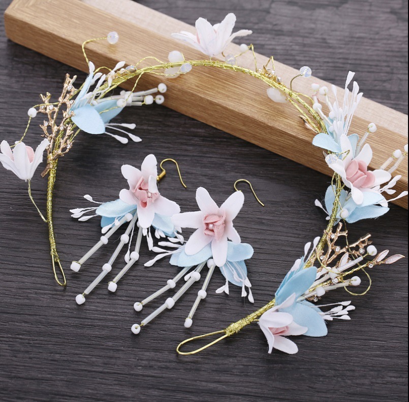 

Korean Manual Fairy Bride Headwear Hair Decorate Hair Hoop Head Hoop Hair Band Light Blue Head Flower Marry Full Dress Accessories