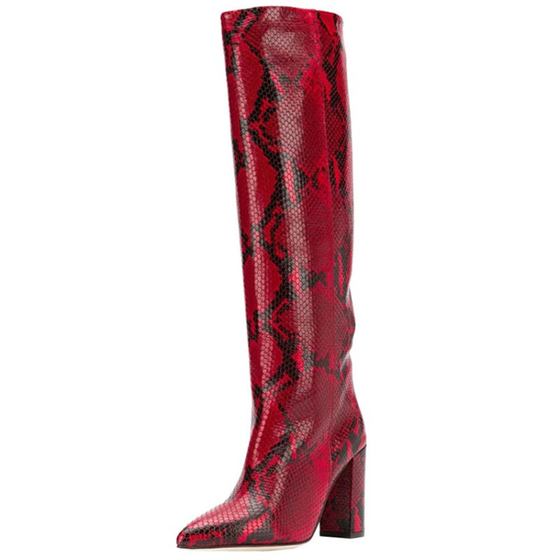 

Snakeskin Print Knee High Women Boots Slip On Pointed Toe Python Pattern Long Boots Sexy Nightclub Dress Shoes High Heel Chunky Knight Boots, As pic 3