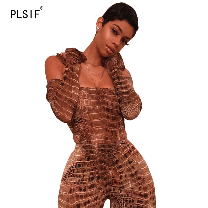 

Ladies sexy hollow out print jumpsuit beach style sexy slash neck catsuits one piece set style full length sports jumpsuits, Black