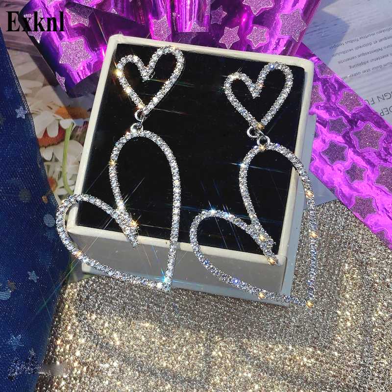 

Exknl Geometric Full Rhinestone Drop Earrings for Women Bijoux Fashion Shiny Love Heart Crystal Dangle Earrings Jewelry Gifts