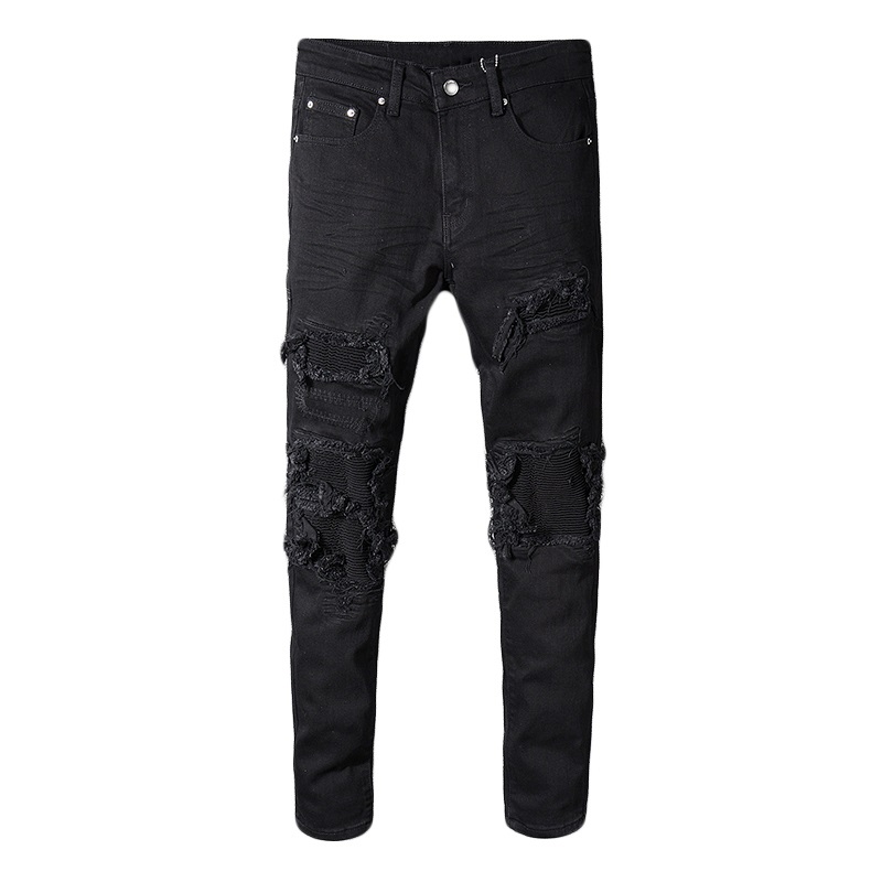 

Men's Black Patchwork Stretch Denim Biker Jeans for Motorcycle Slim Fit Skinny Ripped Pencil Pants Patch Ripped Streetwear Pants, 569 black