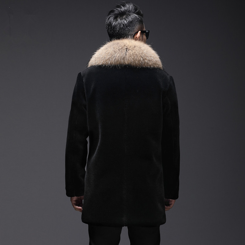

Winter Jacket Real Men's Sheep Shearling Coats Raccoon Fur Collar Wool Coat Plus Size Chaqueta Hombre MY2764, Black