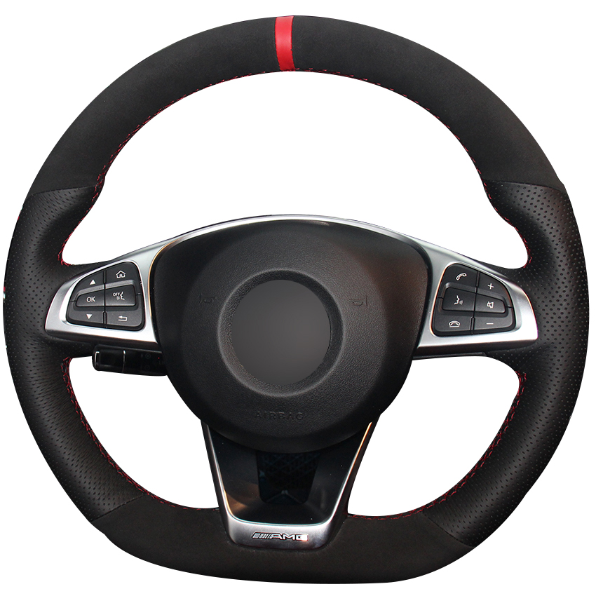 Black Natural Leather Black Suede Steering Wheel Cover for Mercedes-Benz C200 C250 C300 B250 B260 A200 A250 Sport CLA220-image-443361995