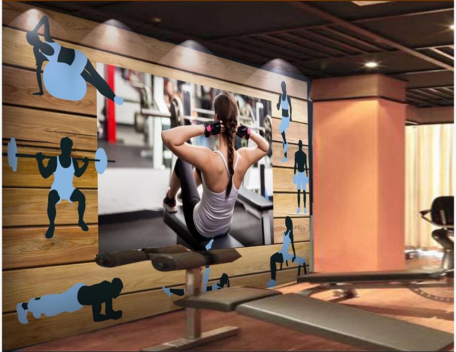 

3d wallpaper wall stickers custom Gym fitness beauty 3D wood grain background tooling background wall modern 3d photo wallpaper for wall, Non-woven wallpaper