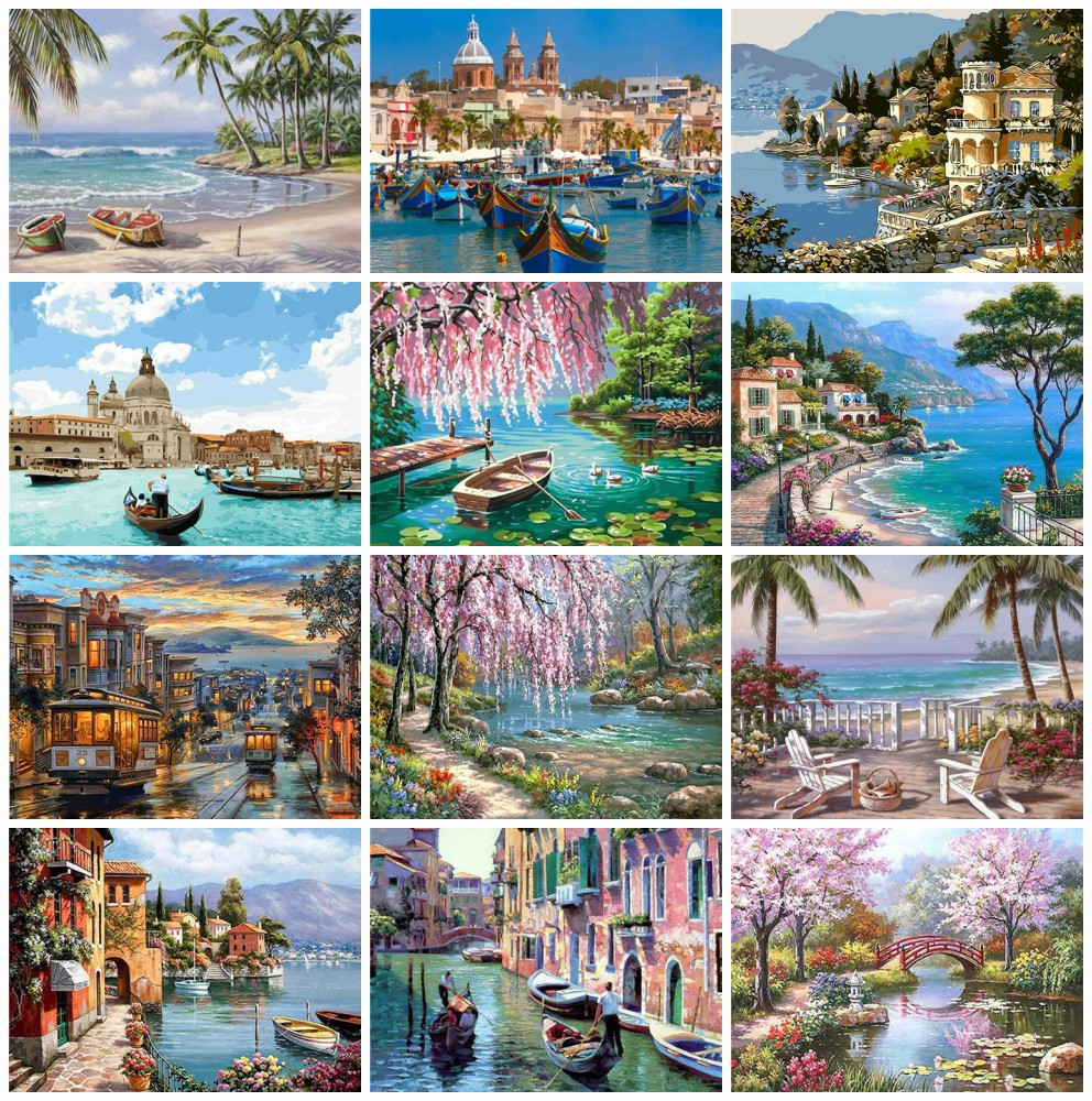 

AZQSD Painting By Numbers Seaside Coloring By Numbers Landscape Arcylic Oil Painting Unframed Wall Art Hand Paint Kit Canvas