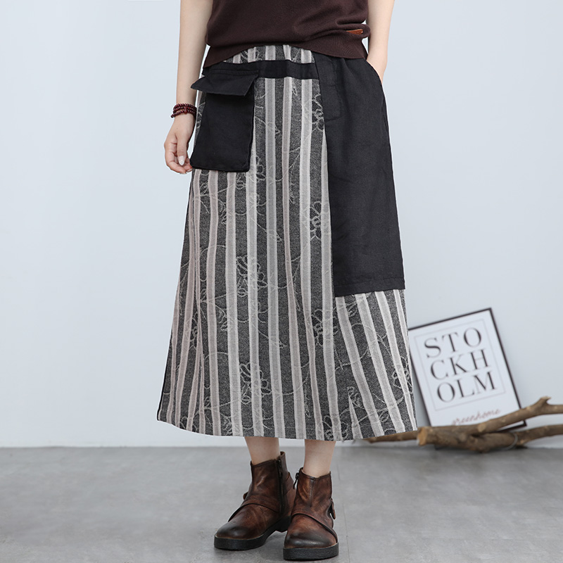 

Women Skirt Cotton Linen Patchwork Spring 2020 New A Line Striped Pockets Vintage Fashion Loose Women Skirt, Black