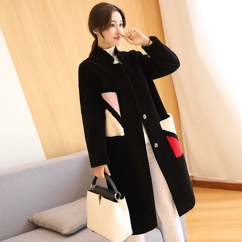 

Contrast color pockets fashion thick warm winter wool coats outerwear women single breasted stand collor wool jackets 2018 new, Black