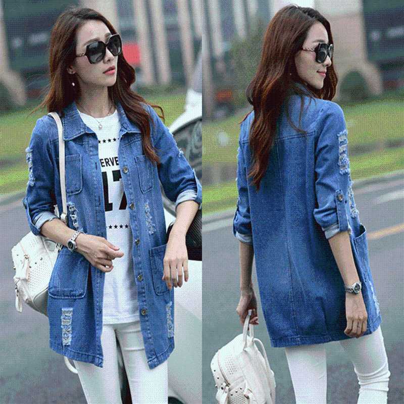 Bigsweety Basic Long Jeans Manteaux Femmes Slim Déchiré Denim Veste Femme Élégant Vintage Effiloché Vestes Outwear Casacos Feminino