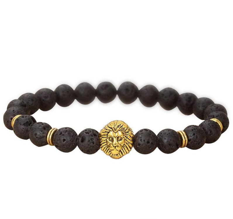 

Mens Lava Rock Stone Head Lion Elastic Beaded Charm Energy Bracelet Black Lava Energy Stone Beads Protection Savannah Lion Beaded WCW173