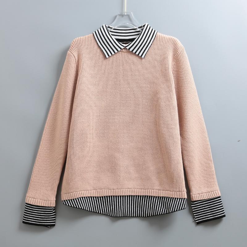 

2020 new wild fashion stitching striped lapel fake two sweater women, Beige