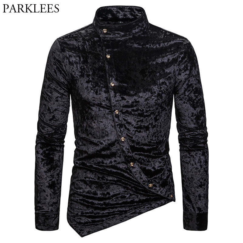 

Black Velvet Velour Tuxedo Shirt Men 2020 Autumn New Banded Collar Irregular Hem Slim Fit Mens Dress Shirts Camisa Masculina 2XL, Royal blue