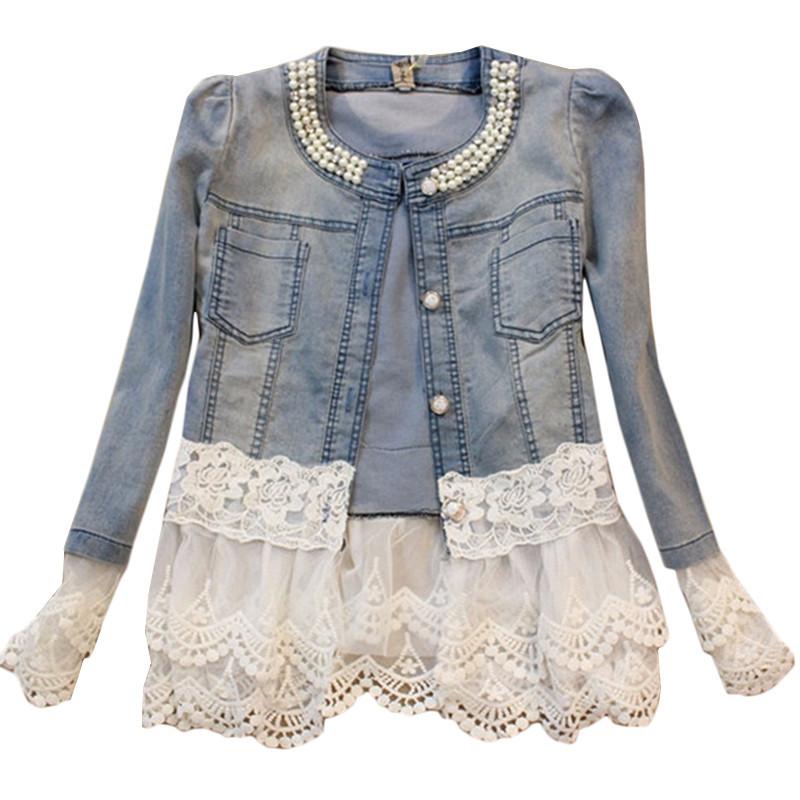 

NEW Women Denim Jacket Coats Long Sleeve Lace Jeans Jackets Women Oversized Jeans Coat Autumn Female Outerwear Casual Tops K545, Photo color