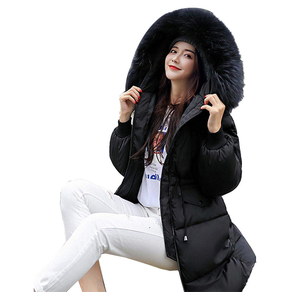 

Ladies Women Jacket Knee Length Solid Hooded Loose Fashion Long Sleeve Thickened Warm Drawstring Winter Outwear Zipper Parkas, Black
