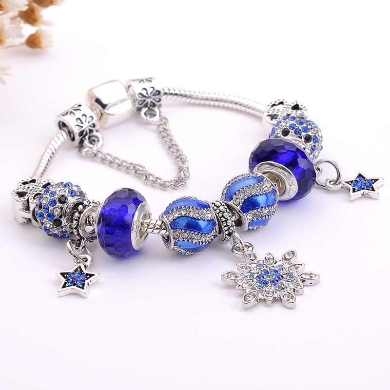 

Wholesale- Glamour Blue Glass Bead Bracelet for Pandora Style Crystal Snowflake Pendant Lady Bangle Jewelry