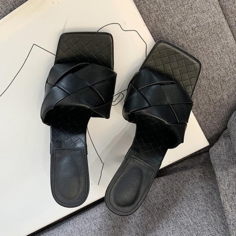 

New Mules Women Slipper 2020 Summer Square Toe High Heel Ladies Sandal Weave High Quality Stiletto Dress Shoes Slides, Black