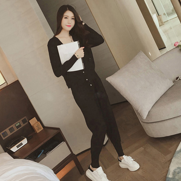 

knitted 2 piece set pants suit sweater cardigans trousers set outfits tracksuit elastic waist female knitting AQ842, Black