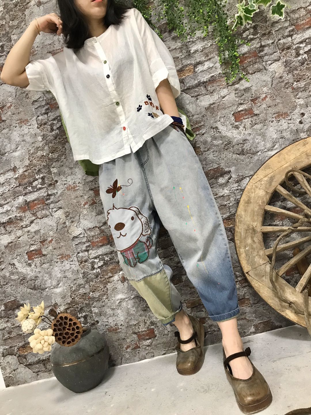 

Blue, Gray Color Matching Elastic Waist Individuality Leisure Female Jeans Bk4619