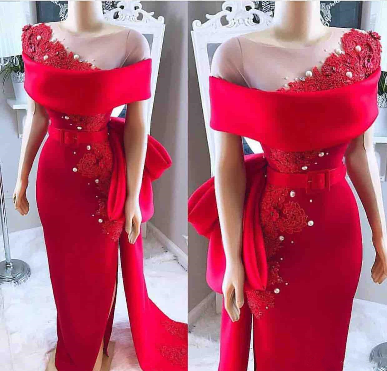 2020 Elegant Red Off The Shoulder Evening Dresses Sheath Lace Appliques Beaded Formal Party Gowns Sheer Neck Prom Dress Plus Size