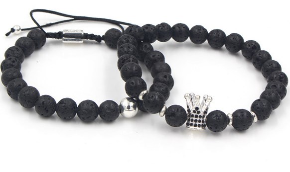 

8mm 2PCS/Lot khjh4 gold silver Copper cz zircon cubic zirconia elastic crown black stone volcanic lava Bracelet Bangles