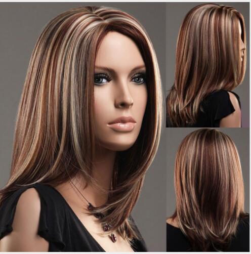 

New foreign trade European and American women's long hair brown white spot dyeing long straight hair wig direct sale