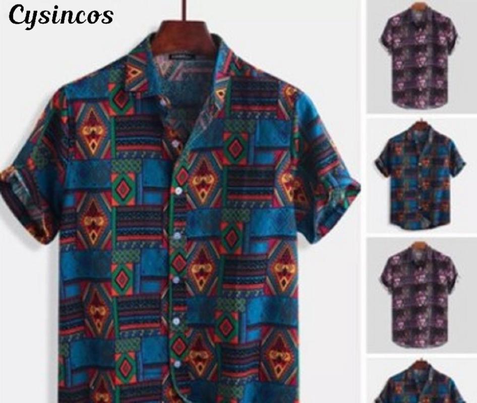 

CYSINCOS Men's Shirt Casual Blouse Cotton Linen Shirt Loose Tops Men's Clothing Summer Short Sleeve Beach Male Chemise Homme