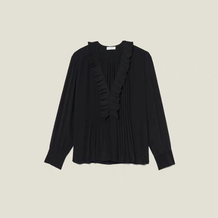 

Women Shirt 2019 Autumn and Winter V neck Ruffles Lace V-neck Pleated Silk Blouses Shirts, Black