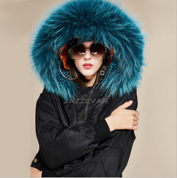 

JAZZEVAR brand down fill black bomber jackets flight bomber parkas for women blue raccoon fur trim Cold resistant, Choose the model