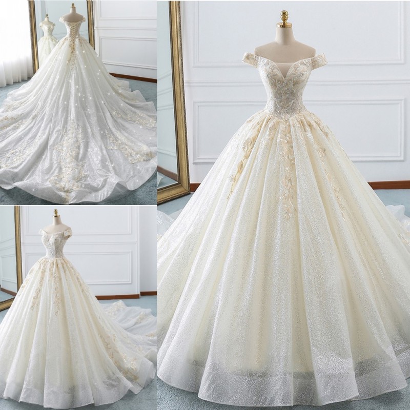 

Luxurious Wedding Dresses Off Shoulder Appliques Sequins Ball Gowns Bridal Gowns Custom Made Lace-up Back Sweep Train robe de mariée, Black