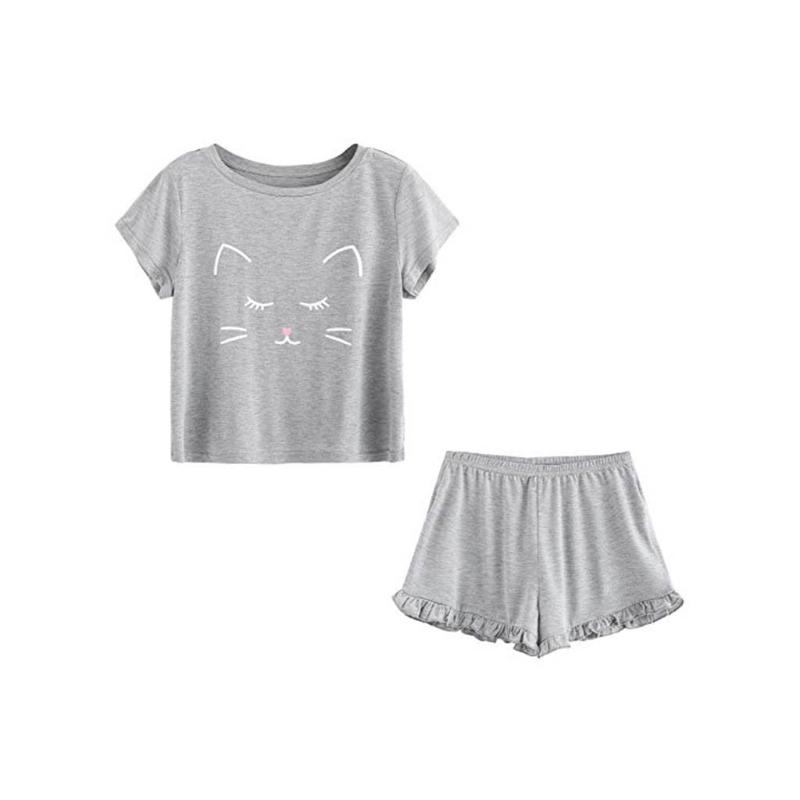 

Women' Casual Cat Shorts Short Sleeve Ruffled T-Shirt Sleepwear Nightwear Set Pyjamas Women Pijama Mujer Women Nightwear