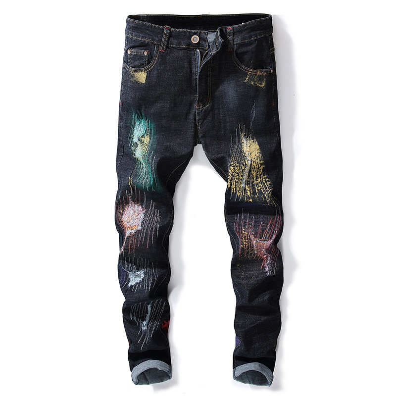 

Mens Spring Jeans Men's Colored Painted Patchwork Ripped Denim Trousers Mens Casual High Street Trendy Holes Slim Denim Pants, Black