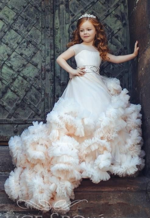 

Lovely Flower Girl Dresses For Weddings Tiered Ruffles Tulle Crystal Beads Sashes Cap Sleeves Girls Pageant Dress Prom Kids Communion Gowns, Light yellow