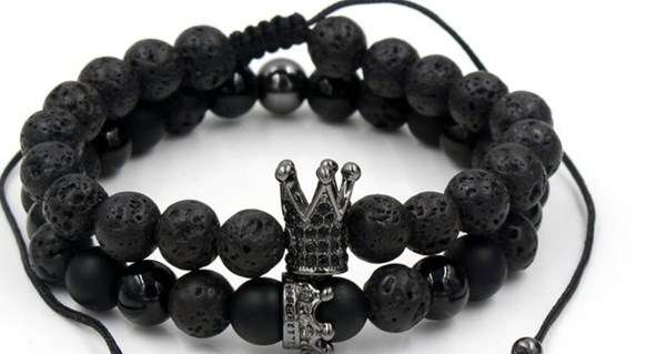 

8mm 2PCS/Lot hf2 gold silver Copper cz zircon cubic zirconia elastic crown black stone volcanic lava Bracelet Bangles
