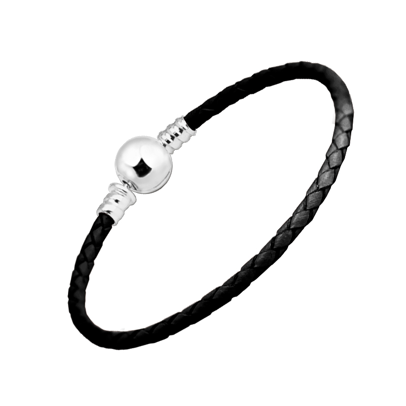 

Other Bracelets 925 Sterling Silver Ball Clasp Black Leather Charms Bracelet For Women DIY Jewelry Gift Pulseras Mujer PB701