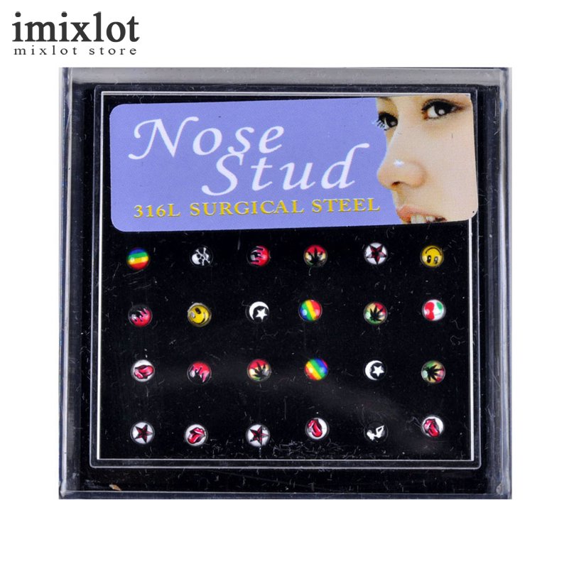 

24Pcs/Set Nose Ring Fashion Body Jewelry Nose Studs Stainless Steel Piercing Acrylic Stud Ring for Women Gift