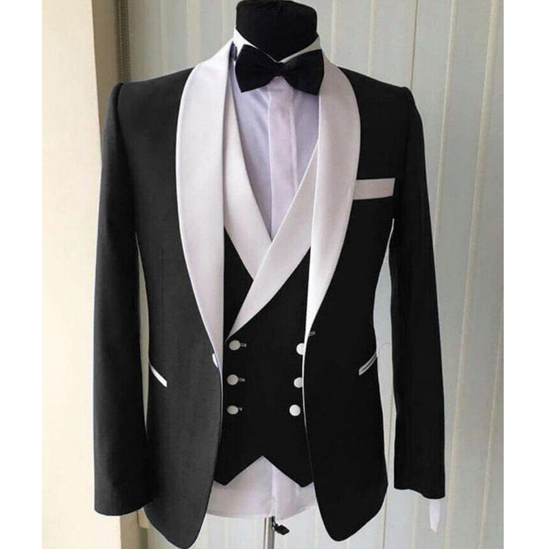 Black Wedding Men Suits for Groom Tuxedos White Shawl Lapel Three Piece Jacket Waistcoat Pants Double Breasted Vest Custom