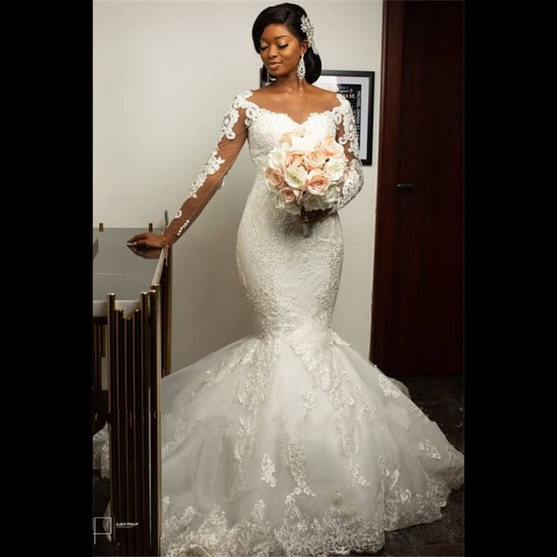 

African Mermaid 2020 Wedding Dresses Long Sleeve Sheer Neck Lace Appliqued Bridal Gowns Trumpet Vestido De Novia, Sage