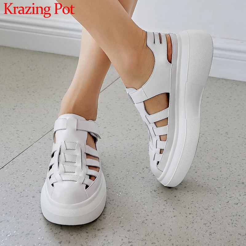 

Krazing pot new full grain leather round toe hollow shoes high heels thick bottom European design hook sandals women L27, Black