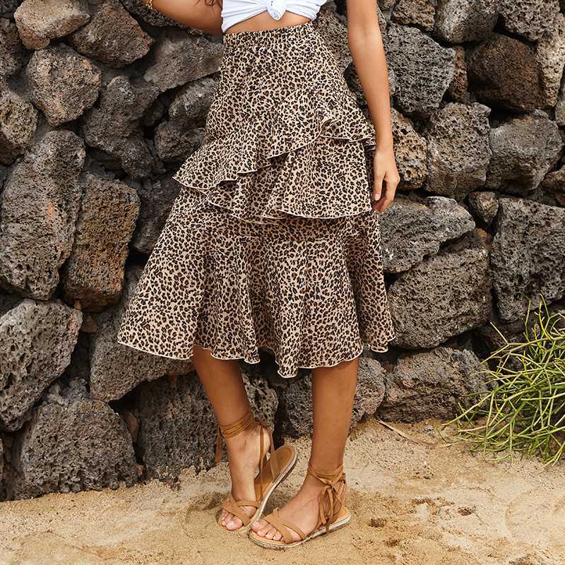 

Plus Size Skirt Streetwear Sexy Leopard Print Loose Skirts For Women Summer 2020 Casual Ruffles Elastic Waist Vintage Mid Skirt, Khaki leopard